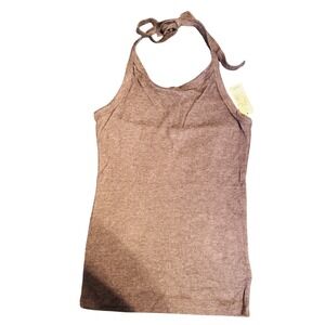 Aerie Women Medium Ribbed Knit Tie Neck Halter Tank Top Heather Grey NWT